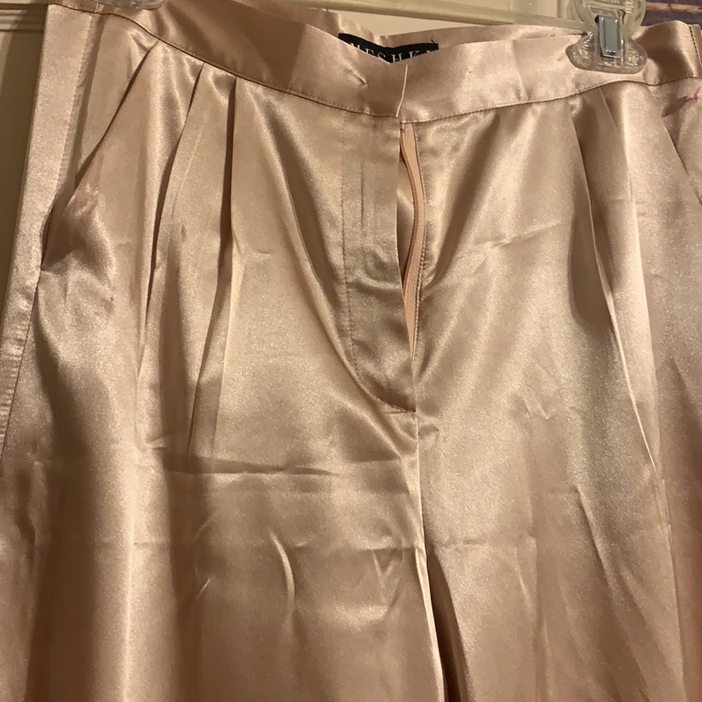 MESHKI ROSE PINK GOLD SATIN SATEEN WIDE LEG PANTS TROUSERS CHAMPAGNE MED BARBIE - Picture 6 of 14